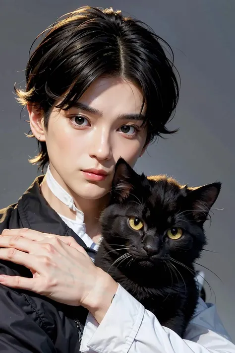 masterpiece, best quality, photorealistic, 1boy, solo, male focus, looking at the viewer, black hair, black eyes, holding up a cat,<lora:Mackenyu-02:1>