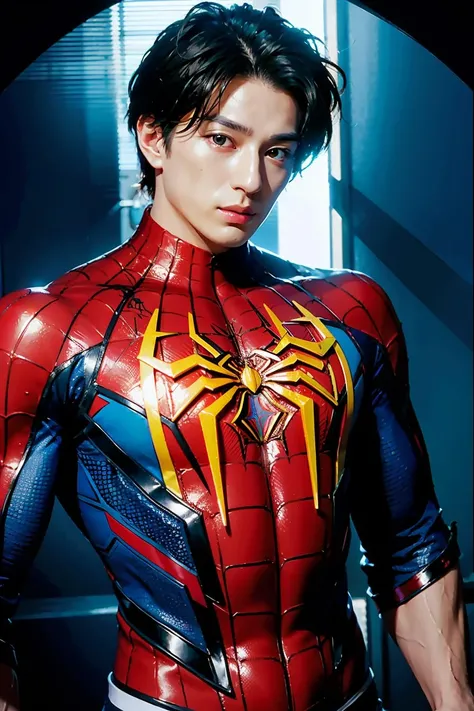 (masterpiece), best quality, perfect face, vivid color, 1boy, a handsome man, a man, the Spiderman armor suit <lora:Mackenyu-02:1>