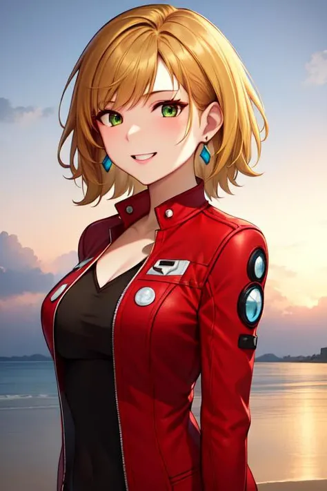 ((extreme detail)),(ultra-detailed), extremely detailed CG unity 8k wallpaper, <lora:Nozomi:0.7>nozomi, red jacket, blue earrings, smile, teeth, upper body, gradient background