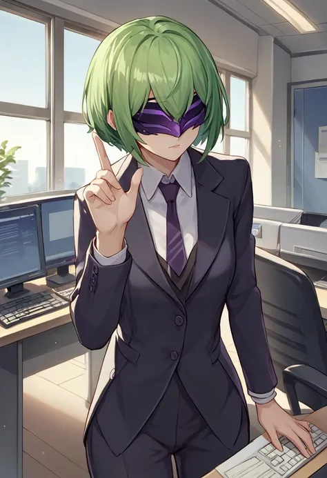 score_9, score_8_up, score_7_up, source_anime BREAK 1girl, solo <lora:electrocicin-gi-richy-v1_pdxl:1> electrocicin, green hair, short hair, eye mask, covered eyes, suit, business suit, office lady, office, indoors, window, blazer, necktie, cubicle, keyboard \(computer\),