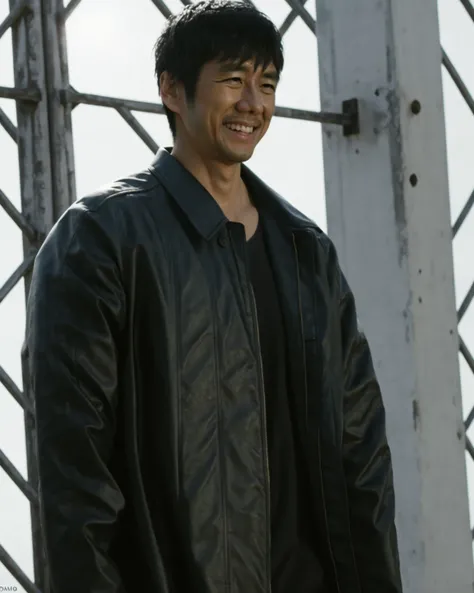 hidetoshi nishijima\(kamenrider black sun\),leather jacket,black shirt,smile,(solo:1.5),RAW photo, (high detailed skin:1.2), 8k uhd, dslr, soft lighting, high quality, film grain, Fujifilm XT3