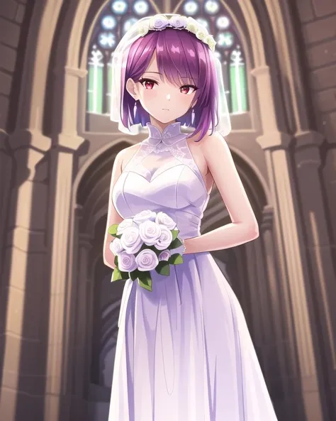 ((masterpiece)),(((best quality))), ((ultra-detailed)), ((illustration)), masterpiece, best quality, highres, {beautiful detailed eyes}, finely detail, 4k wallpaper, beautiful detailed eyes,
(solo, bride:1.2), (short purple hair, red eyes:1.0), (standing in a church wedding:1.1), (wearing white frilled wedding dress:1.2),
<lora:saki-20:0.6>