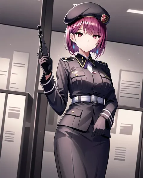 ((masterpiece)),(((best quality))), ((ultra-detailed)), ((illustration)), masterpiece, best quality, highres, {beautiful detailed eyes}, finely detail, 4k wallpaper, beautiful detailed eyes,
(solo:1.1), (short purple hair, red eyes:1.0), (standing in an office:1.2), (wearing military uniform, uniform, beret:1.1), weapons, guns
<lora:saki-20:0.6>