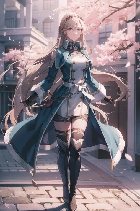 <lora:elaineauclair:0.8> elaineauclair, 1girl, solo, long hair, braid, blue coat, looking at viewer, arm across waist, standing, thighhighs, belt, thigh boots, gloves, boots, expressionless, hair between eyes, crown braid, jewelry, coat, medium breasts, short sleeves, earrings, dress, black thighhighs, black gloves, hairband, long sleeves, full body, very long hair, petals, cherry blossoms, masterpiece, high quality,