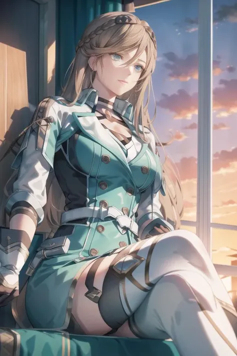 sitting, crossed legs, view from below, <lora:elaineauclair:1> elaineauclair, long hair, 1girl, braid, crown braid, jewelry, earrings, gloves, medium breasts, jacket, choker, thighhighs, hair between eyes, cleavage, shorts, thigh boots, sunset, shadow,