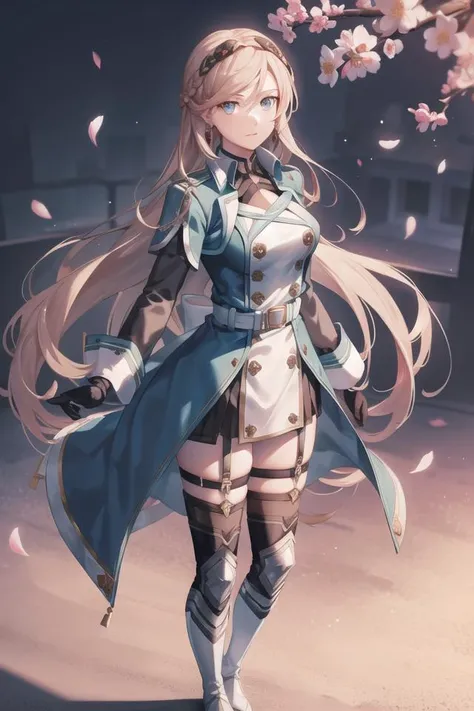 <lora:elaineauclair:0.8> elaineauclair, 1girl, solo, long hair, braid, blue coat, looking at viewer, arm across waist, standing, thighhighs, belt, thigh boots, gloves, boots, expressionless, hair between eyes, crown braid, jewelry, coat, medium breasts, short sleeves, earrings, dress, black thighhighs, black gloves, hairband, long sleeves, full body, very long hair, petals, cherry blossoms, masterpiece, high quality,