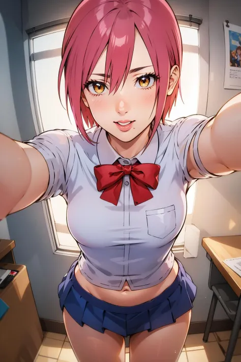 masterpiece, best quality, highly quality , <lora:Papico-KJ-10:0.7> , Papico-KJ, school uniform, cowboy shot , selfie , from above , Hourglass body, small waist,