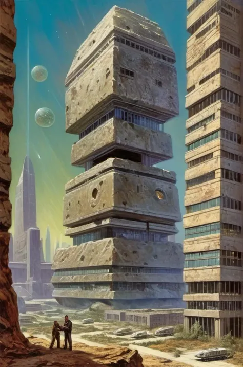 <lora:Richard Hescox Style:1> Richard Hescox Style , paperback artwork , Office Buildings, Conglomerate stone, science fiction, building, architecture