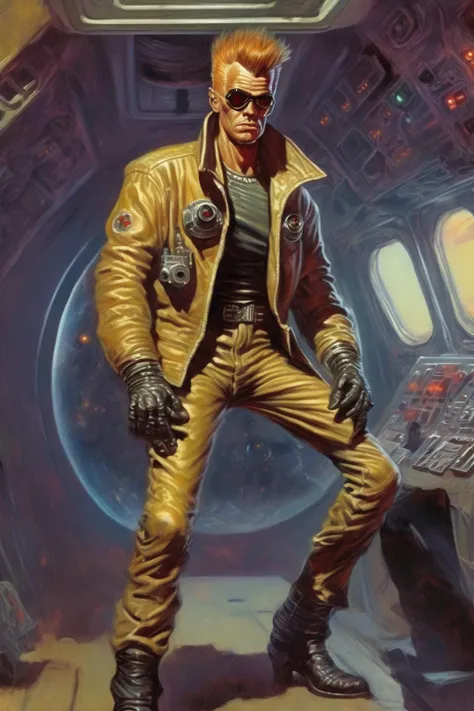 <lora:Richard Hescox Style:1>Richard Hescox Style - pulp Science fiction simple full body detailed character concept digital art of Male punk in a war within a Space ship art