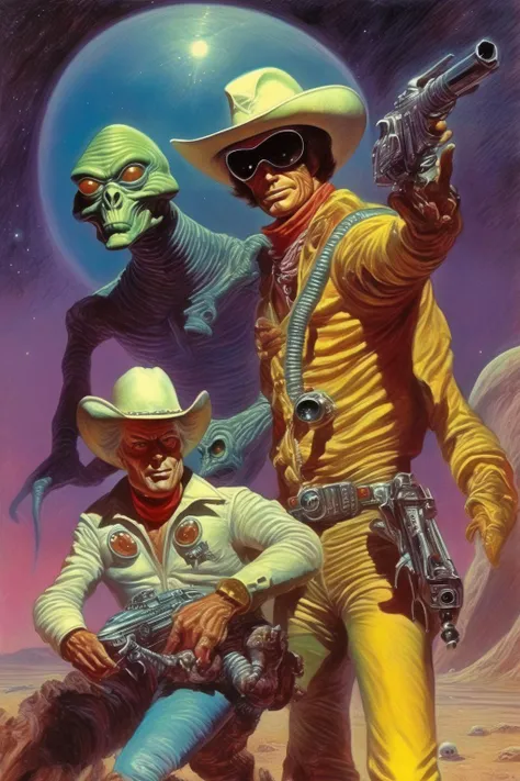 <lora:Richard Hescox Style:1>Richard Hescox Style - space cowboy and his sidekick alien, illustration