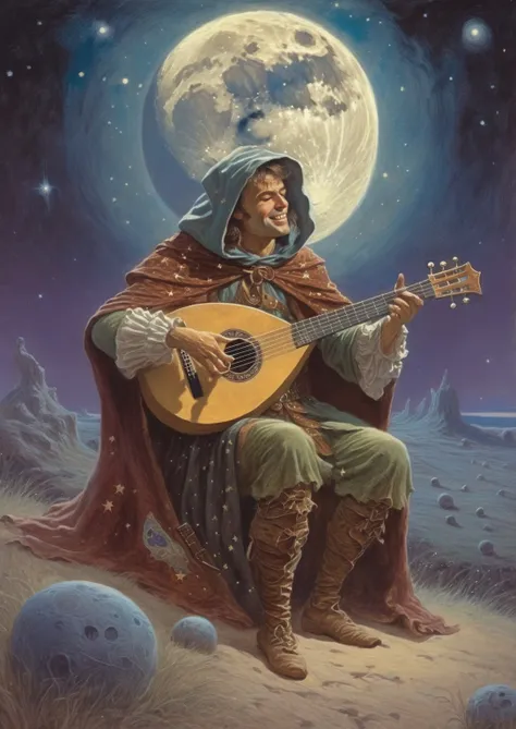 <lora:Richard Hescox Style:1>Richard Hescox Style - a bard with a lute and a cloak of stars serenades wandering spirits at a moonlit crossroads in a mystical realm