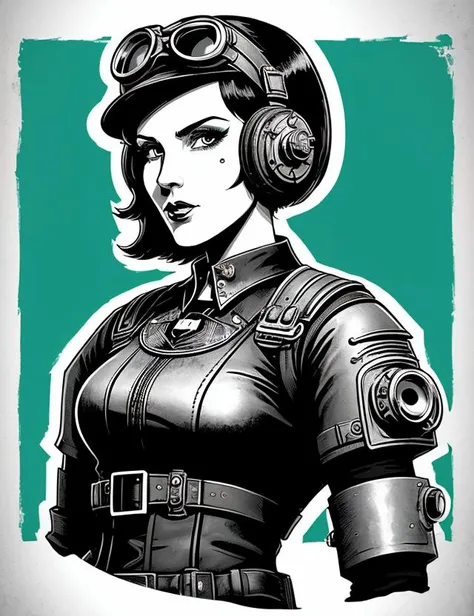 woman, clothed, Pop Art Dieselpunk Weathered Anisotropic Specular id Tech engine Pop Art Ink Drawing Orthographic