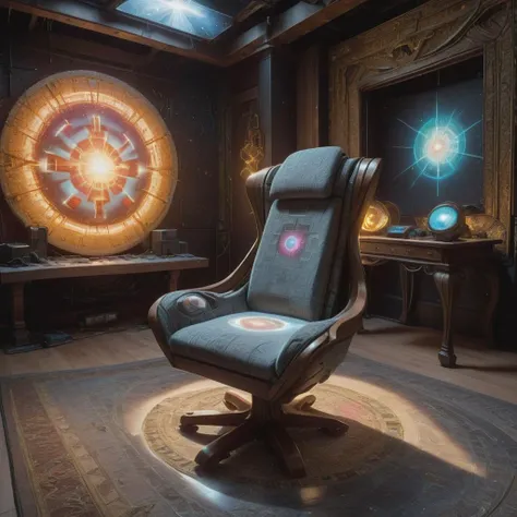 Virtual Reality Architectural Visualization Studio, Chair, Conglomerate stone and Tapestry with Laid-in Yarns tapestry and Laminate, Incandescent Bulbs, Track Lighting, cyberpunk, sci-fi Postcolonial Art, , Sparkling, GPU Particle Systems, Stingray engine, Art Nouveau, Clich Verre, 3D, , Crepuscular Rays, Evenly Focused, 32K, Daring,