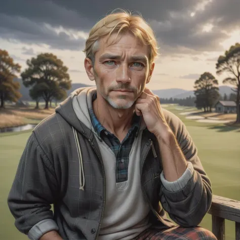 male Midlife Lean, European, Steel gray eyes, Upturned Nose, Receding Chin, Low Cheekbones, Well-proportioned Ears, Freckles, Blonde Side part hair, Loneliness, wearing Plaid golf pants, Plaid flannel hoodie, Chukka sneakers, , , Arms folded, conveying defensiveness Indigenous Australian Art, , Monumental, Procedural Sky, Fox Engine, Dada, Gum Bichromate Printing, Oblique, , Color Grading, Entire Scene in Focus, 8K, Unique,