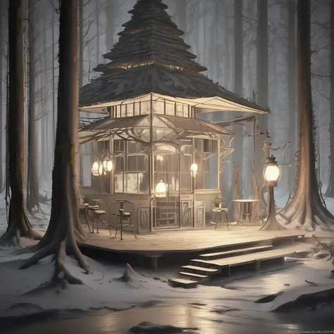 Fairy-Lit Forest Tea House, Concrete,Polycarbonate Panels, Lanterns with Real Flames, Deck and Step Lights Kinetic Sculpture, Atompunk, Depressing, Subsurface Reflections, Frostbite engine, Romanticist, Printmaking, Realistic, Pencil Animation, , Entire Scene in Focus, 32K, Imagery,
