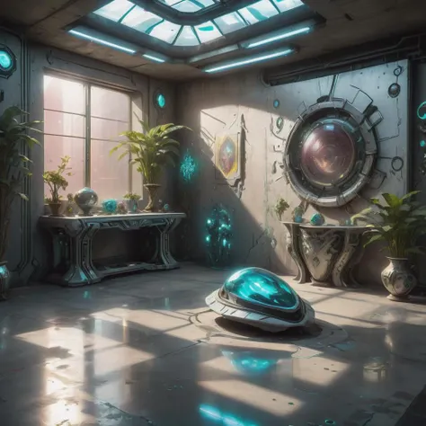 Futuristic MMO Gaming Universe, Vases,Valuable Artwork, Concrete Flooring, Sunlight through Windows, Recessed Lighting, cyberpunk, sci-fi Art Brut, , Whimsical, ray tracing, Stingray engine, Rococo, Photograms, Collage Art, , , Unmatched Tour de Matre, 4K, Avant-garde,