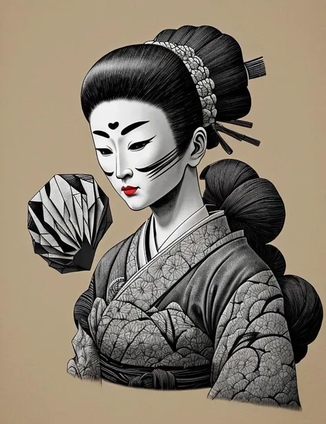 woman, clothed, Japanese Ukiyo - e  Unadorned Procedural Shading Decima Engine Surreal Sgraffito Cubist