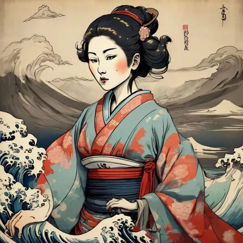 woman Japanese Ukiyo - e, , Halcyo, NPR Hatching, Creation Engine, Grungy, Dodging and Burning, Cartoony, , , Sophisticated, HD, Inspired,