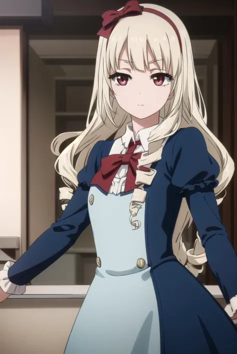 rinkoogasawara, <lora:rinko ogasawara s1-lora-nochekaiser:1>,
rinko ogasawara, long hair, blonde hair, (red eyes:1.3), bow, hair bow, hairband, drill hair, twin drills,
BREAK dress, dress, blue dress, bowtie, gemstone, puffy sleeves, juliet sleeves, long sleeves, frills, pantyhose,
BREAK indoors, office,
BREAK looking at viewer, (cowboy shot:1.5), dynamic pose,
BREAK <lyco:GoodHands-beta2:1>, (masterpiece:1.2), best quality, high resolution, unity 8k wallpaper, (illustration:0.8), (beautiful detailed eyes:1.6), extremely detailed face, perfect lighting, extremely detailed CG, (perfect hands, perfect anatomy),