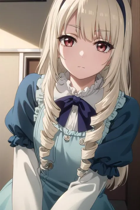 rinkoogasawara, <lora:rinko ogasawara s1-lora-nochekaiser:1>,
rinko ogasawara, long hair, blonde hair, (red eyes:1.3), bow, hair bow, hairband, drill hair, twin drills,
BREAK dress, dress, blue dress, bowtie, gemstone, puffy sleeves, juliet sleeves, long sleeves, frills, pantyhose,
BREAK indoors, office,
BREAK looking at viewer, (cowboy shot:1.5), dynamic pose,
BREAK <lyco:GoodHands-beta2:1>, (masterpiece:1.2), best quality, high resolution, unity 8k wallpaper, (illustration:0.8), (beautiful detailed eyes:1.6), extremely detailed face, perfect lighting, extremely detailed CG, (perfect hands, perfect anatomy),