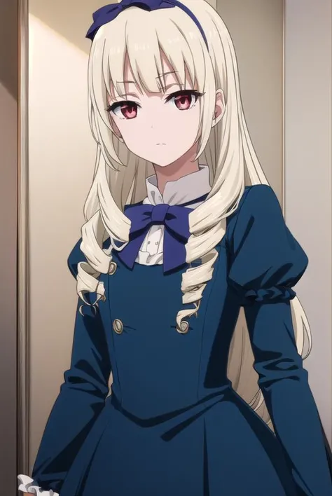 rinkoogasawara, <lora:rinko ogasawara s1-lora-nochekaiser:1>,
rinko ogasawara, long hair, blonde hair, (red eyes:1.3), bow, hair bow, hairband, drill hair, twin drills,
BREAK dress, dress, blue dress, bowtie, gemstone, puffy sleeves, juliet sleeves, long sleeves, frills, pantyhose,
BREAK indoors, office,
BREAK looking at viewer, (cowboy shot:1.5), dynamic pose,
BREAK <lyco:GoodHands-beta2:1>, (masterpiece:1.2), best quality, high resolution, unity 8k wallpaper, (illustration:0.8), (beautiful detailed eyes:1.6), extremely detailed face, perfect lighting, extremely detailed CG, (perfect hands, perfect anatomy),