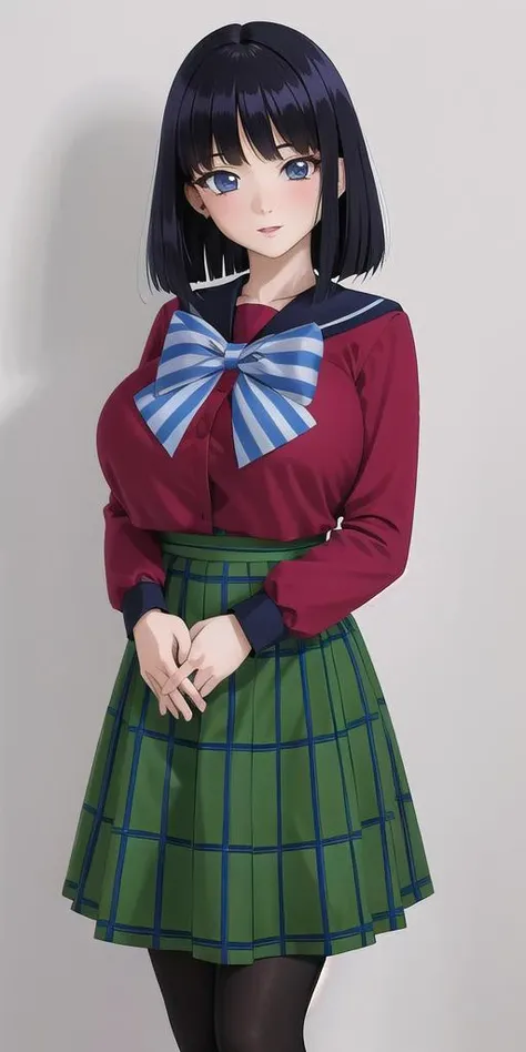 <lora:TomoeHotaruV2:0.6> tomoehotaru, huge_breasts, standing, solo, Mugen_School_Uniform_Black_sailor_collar_Red_shirt_Green_skirt_Black_pantyhose_Blue_striped_bowtie, masterpiece, best quality, detailed face, detailed eyes, highres,