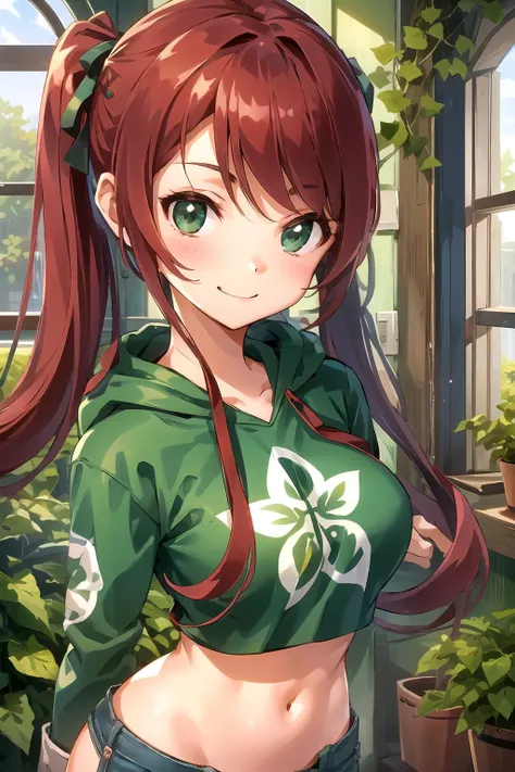 1girl, twintails, redhead, smiling, happy, green crop-top hoodie, tight jeans, bright, whimsical, rustic studio, workshop, plants, vines, ivy, sunlight, windows, masterpiece <lora:Ress:1>