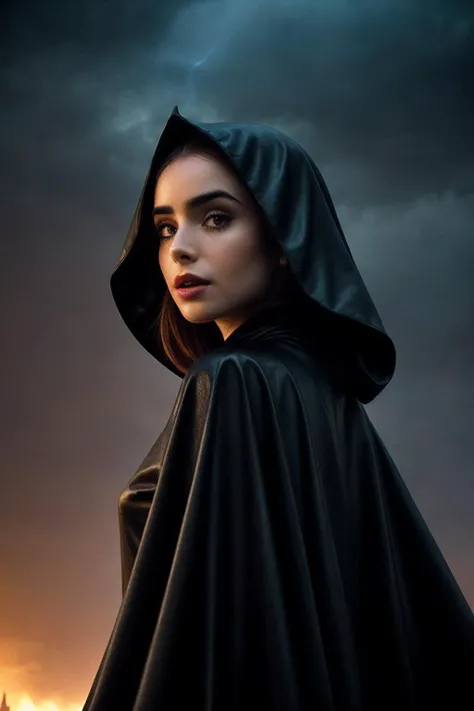 LilyC_SoloTI_v1,
(Sleek black leather attire adorned with intricate dark symbols, a cloak of midnight velvet billowing behind her, eyes gleaming with otherworldly power beneath a shadowy hood, hair cascading like dark waves around her shoulders), (Sinister castle looming over a desolate landscape, lightning crackling across the sky, the eerie howl of distant wolves, minions scurrying to fulfill her commands, the air thick with the scent of ancient magic and impending doom:1.3), (seductive:1.3),(analog, cinematic, film grain, hazy atmosphere, cinematic shot:1.3),
<lora:add_detail:0.8>,<lora:LowRa:0>, PA7_Portrait-MCU,