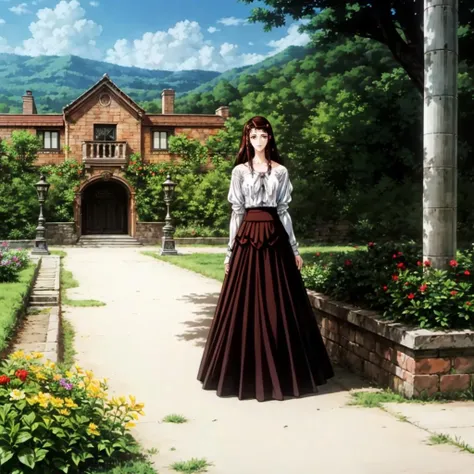 <lora:Charlotte001:0.7>,<lora:add_detail:0.8>,
Charlotte,1woman,
brown hair,
shirt,long skirt,
mansion,sunlight,flower,nature,
