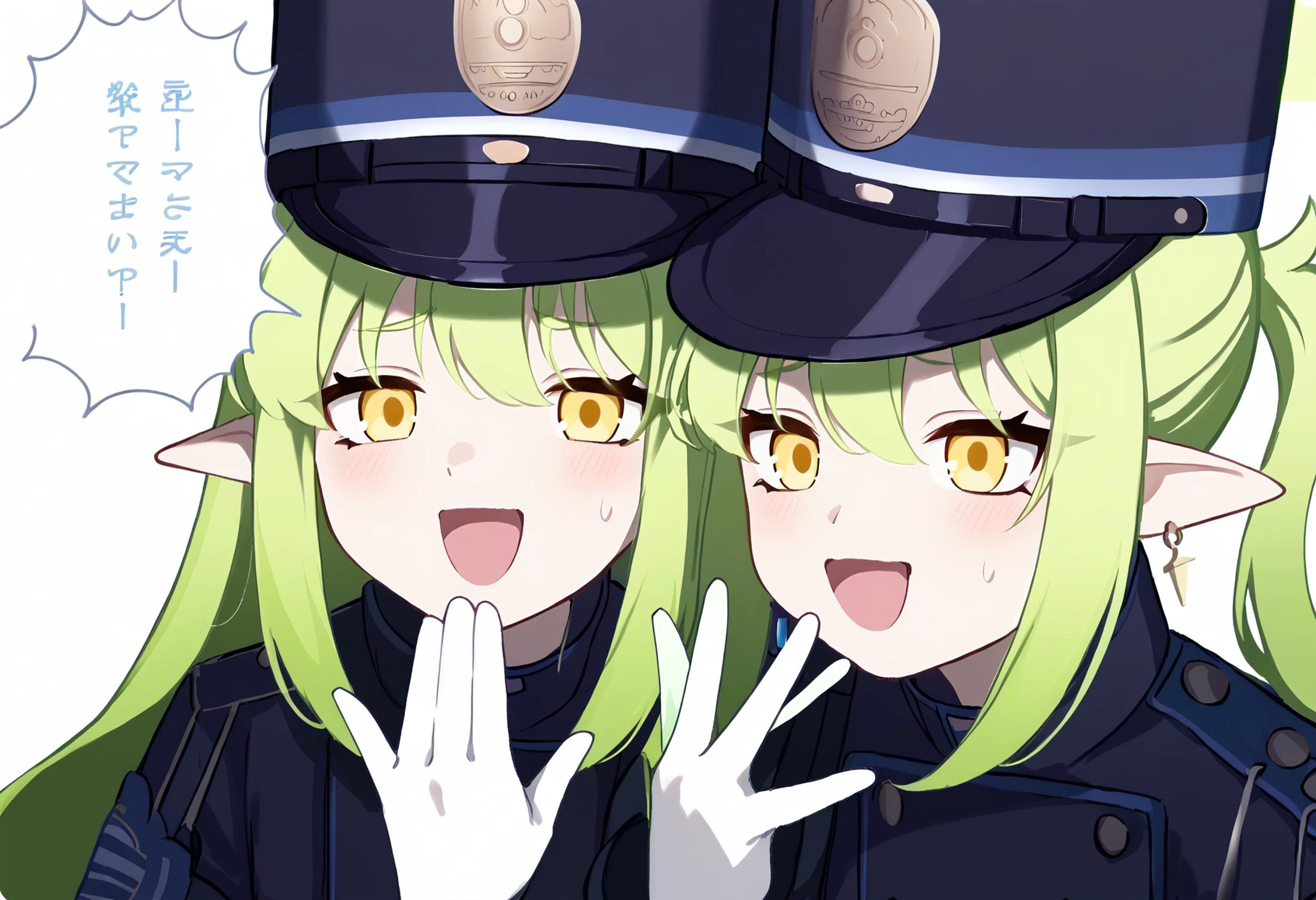 score_9, score_8_up, score_7_up, score_6_up, score_5_up, score_4_up, BREAK, <lora:ezmodev1:1>, 2girls, smile, ezmode, hand up, speech bubble,
<lora:hikari_blue archive_PONY_epoch-000020:0.9> hikari-default, hikari_\(blue archive\),yellow eyes,green hair,long hair,earring,pointy ears,halo,jacket,skirt,arm band,white gloves,peaked cap,
<lora:nozomi_blue archive_PONY_epoch-000020:0.9> nozomi-default, nozomi_\(blue archive\),yellow eyes,green hair,long hair,earring, pointy ears,halo,jacket,arm band, white gloves,peaked cap
