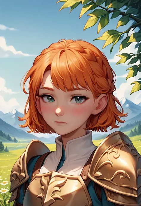 score_9, score_8_up, score_7_up, score_6_up, score_5_up, score_4_up, BREAK rating_safe, fox, braid, outdoors, armor, solo, green eyes, mountain, orange hair, looking at viewer, shoulder armor, short hair, breastplate, upper body, day, sky, closed mouth, flower, blush, pauldrons, mountainous horizon, bangs, blue sky, grass <lora:Lunas-AromaSensei-SDXL-B1:1>