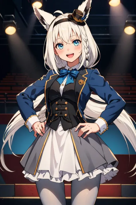 masterpiece, best quality,  <lora:shirakami_fubuki_9_outfits:1> fubukielegant, (braided ponytail), blue coat, blue bowtie, buttoned corset, collared shirt, long skirt, grey skirt, frills, (white pantyhose:1.4), mini hat, top hat, hairband, stage, spotlight, smile, hands to hips, :D