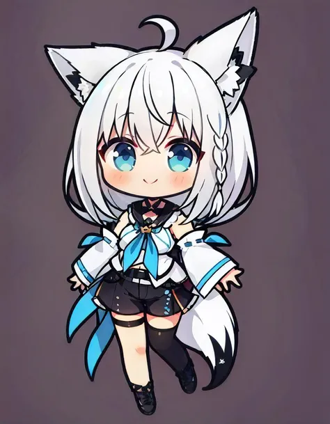 1girl, solo, full body, simple background, white hair, single side braid, ahoge, fox tail, fubukidefault, white blouse, [midriff::10], detached sleeves, black short shorts, blue neckerchief, thigh strap, single thighhigh<lora:shirakami_fubuki_9_outfits:1>