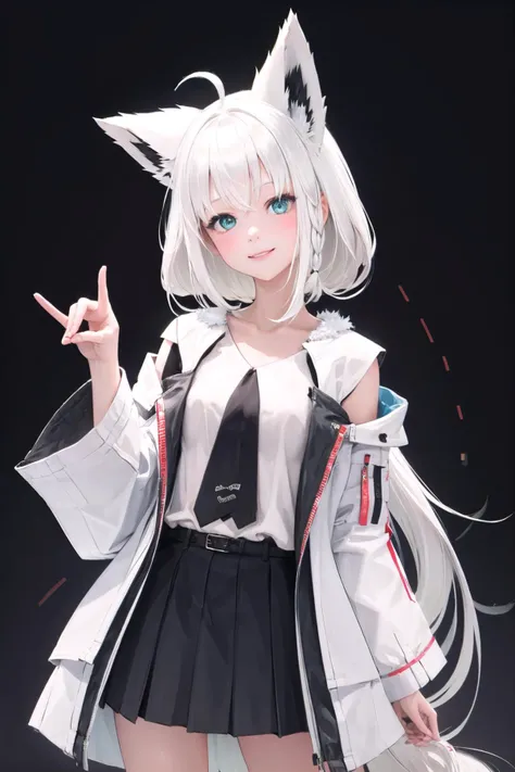 <lora:fubuki:1>, white hair, single side braid, ahoge, fox tail, high ponytail, very long hair, sleeveless shirt, two-tone shirt, black and white shirt, (fractal background:1.2), collarbone, fur-trimmed coat, open coat, miniskirt, light smile, <lora:Saya-fox shadow puppet4:1>, fox shadow puppet, single fox shadow puppet,