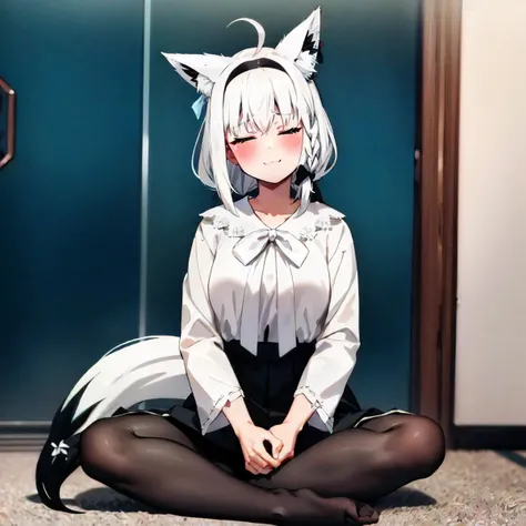 1girl, solo, full body, sitting, indian style, closed eyes, :\3, blush, white hair, single side braid, ahoge, (fox tail:1.2), fubukicasual, (white shirt, white bow), beret, black skirt, (black pantyhose)<lora:shirakami_fubuki_9_outfits:1>