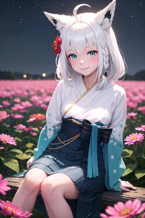 <lora:fubuki:1>, white hair, single side braid, ahoge, fox tail, light smile, multicolored kimono, arms behind back, leaning forward, flower pattern, flowers, flower flower field, sitting, night sky, dim light,