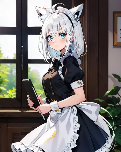 1girl, solo, indoors, window, tree fubukidefault, white hair, single side braid, ahoge, fox tail, maid, maid headdress, holding<lora:shirakami_fubuki_9_outfits:1>