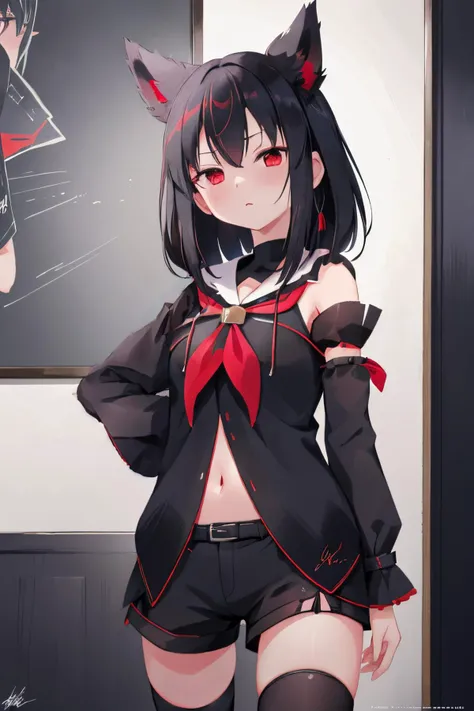 (kurokami, black hair, black shirt), short shorts, detached sleeves, [midriff::12], red eyes, red neckerchief, thigh strap, single thighhigh <lora:fubuki:1>
((best quality)),((masterpiece)),((ultra-detailed)),(illustration),(detailed light),(an extremely delicate and beautiful),((trim)),incredibly_absurdres,(ray tracing),(reflection light),((Movie Poster)),(signature:1.3),(English text:1.3),BREAK (8k:1.3),Wallpaper,1girl