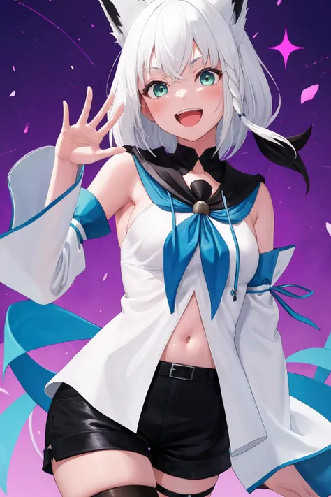 masterpiece, best quality, 1girl, solo, <lora:shirakami_fubuki_9_outfits:0.8> fubuki, white blouse, [midriff::0.5], navel cutout, detached sleeves, black short shorts, blue neckerchief, thigh strap, single thighhigh, white hair, single side braid, :D, waving