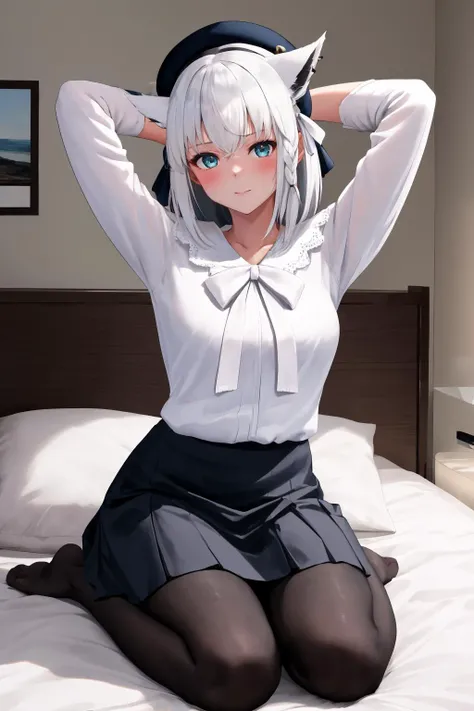 masterpiece, best quality, 1girl, solo, <lora:shirakami_fubuki_9_outfits:1> fubukicasual, (white shirt, white bow), beret, black skirt, (black pantyhose), white hair, single side braid, sitting, bedroom, bed, seiza, arms behind head