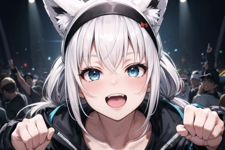 beautiful, (masterpiece), best quality, (extremely detailed face), extremely detailed eyes,  perfect lighting, OverallDetail, detailed, deep skin,textured skin,
,fubukirelax, sidelocks, black t-shirt, black hairband, no pants, black jacket, open jacket, white hair,(fox tail:1.2), <lora:fubuki:0.8>,
in the club,rave lights, dancing, fist pump,crowded, very happy,excited, ,<lora:more_details:0.5>,