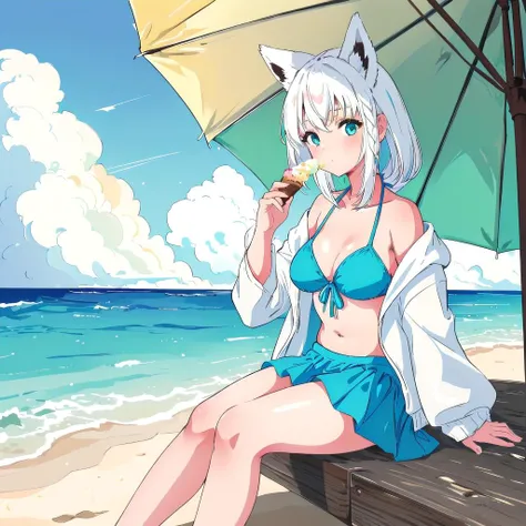 1girl, (high quality, masterpiece), ultra detailed, intricate details, solo, full body shot, eating an ice cream, beautiful beach, sunny day, fubukibeach, blue bikini, bikini skirt, white cardigan, white hair, single side braid, <lora:fubuki:1>