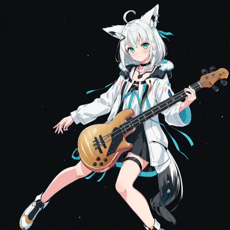 1girl, (high quality, masterpiece), ultra detailed, intricate details, solo, full body shot, (((playing four strings blue electric bass))), (detailed background), on stage, stroboscopic lights, extatic face, fubukitechwear, black microdress, white jacket, fur-trimmed jacket, hairclip, dog tags, choker, thigh strap, blue ribbon, white hair, single side braid, ahoge, fox tail, <lora:fubuki:1>