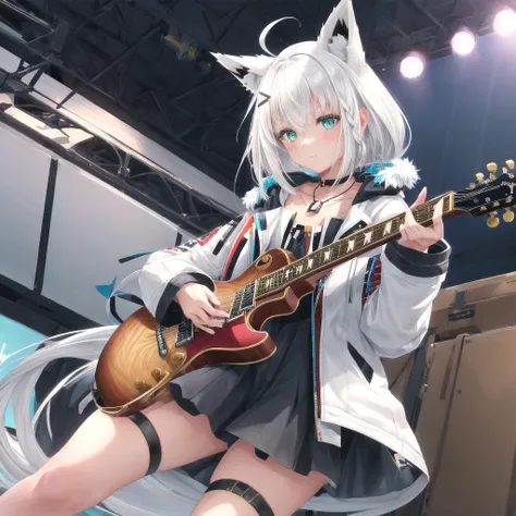 1girl, (high quality, masterpiece), ultra detailed, intricate details, solo, (((playing Gibson Flying-V electric guitar))), (detailed background), big amplifiers in background, concentrated face,  fubukitechwear, black microdress, white jacket, fur-trimmed jacket, hairclip, dog tags, choker, thigh strap, blue ribbon, white hair, single side braid, ahoge, fox tail, <lora:fubuki:1>