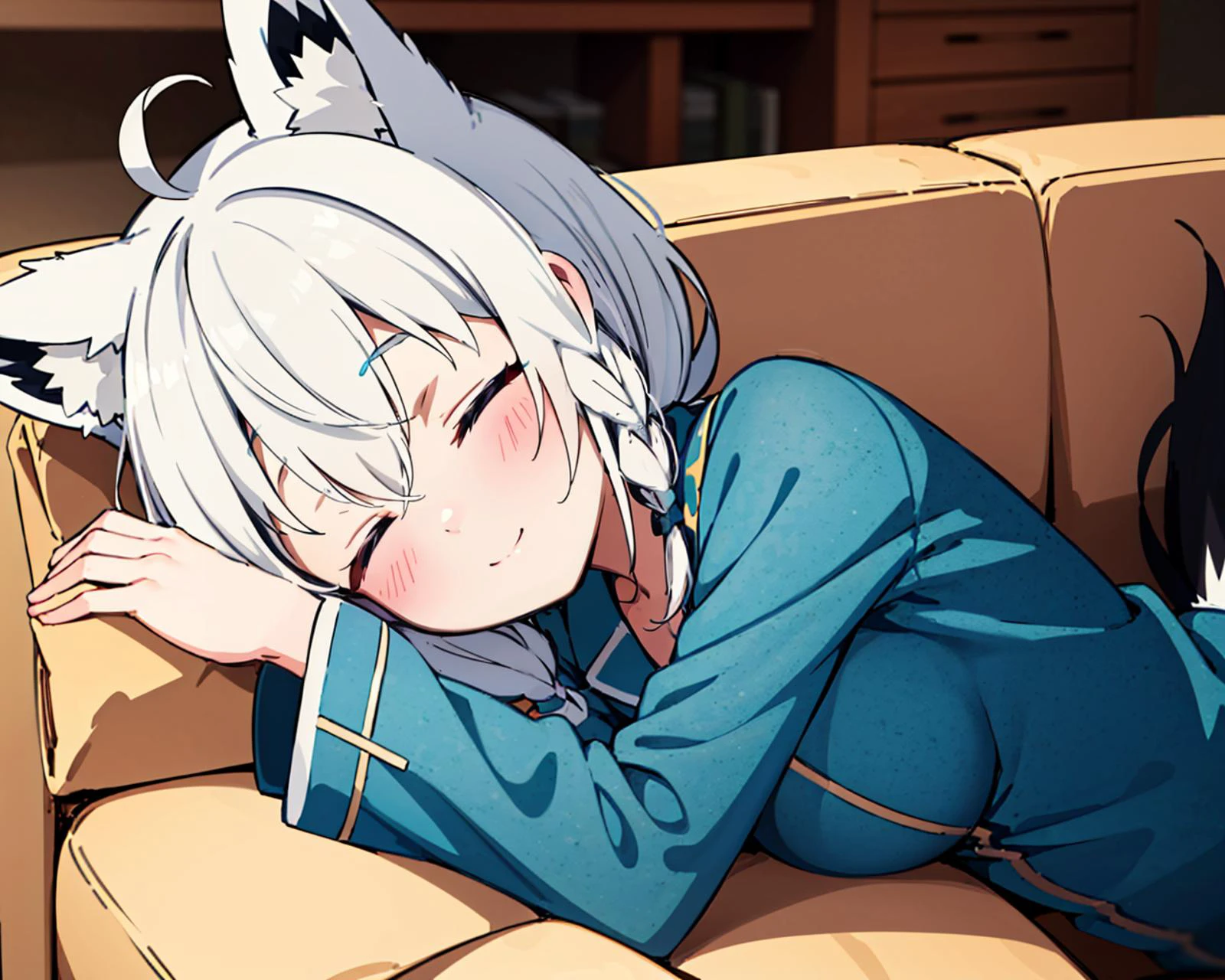 1girl, solo, indoors, couch, sleeping, on side, closed eyes, fubukidefault, white hair, single side braid, ahoge, fox tail, blue pajamas<lora:fubuki-10:1>