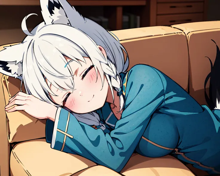 1girl, solo, indoors, couch, sleeping, on side, closed eyes, fubukidefault, white hair, single side braid, ahoge, fox tail, blue pajamas<lora:fubuki-10:1>