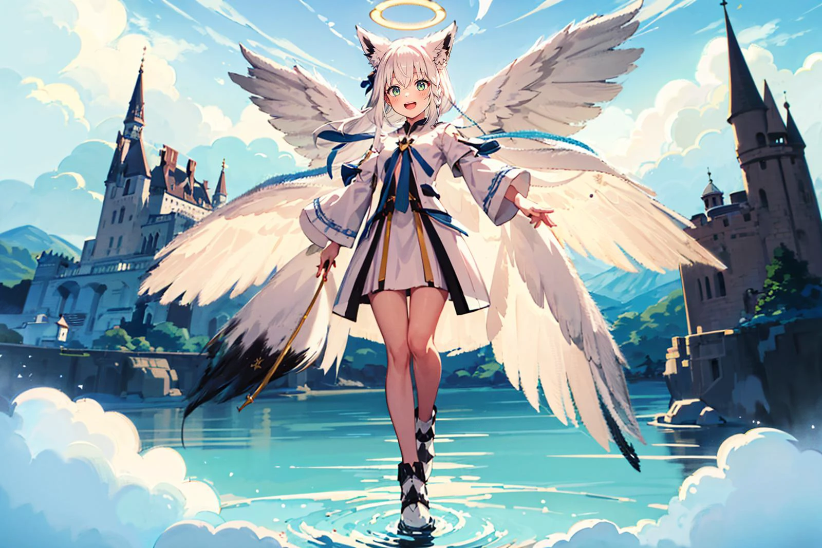 castle, tower, wizard tower, fantasy, floating island, clouds, lake, laputa, cliff, aura BREAK 1girl, solo, full body, fubukidefault, armored dress, white dress, (golden emblem, angel wings, feathered wings, halo, gold trim), white hair, single side braid, fox tail, :D<lora:shirakami_fubuki_8_outfits:1>