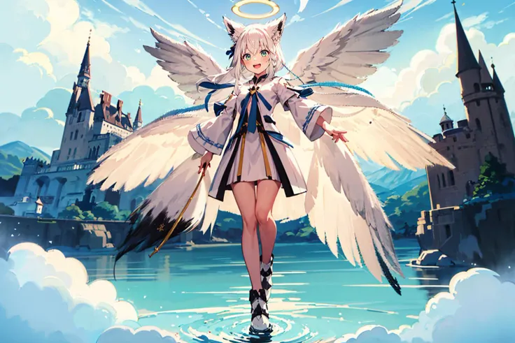 castle, tower, wizard tower, fantasy, floating island, clouds, lake, laputa, cliff, aura BREAK 1girl, solo, full body, fubukidefault, armored dress, white dress, (golden emblem, angel wings, feathered wings, halo, gold trim), white hair, single side braid, fox tail, :D<lora:shirakami_fubuki_8_outfits:1>