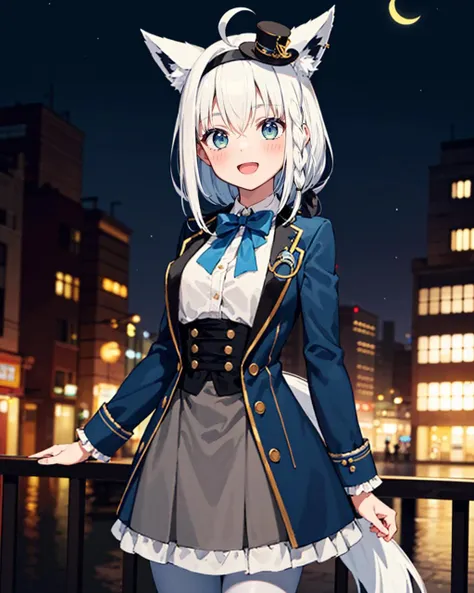 1girl, solo, city town, cobblestone road, night, crescent moon, cowboy shot BREAK fubukielegant, blue coat, blue bowtie, buttoned corset, collared shirt, long skirt, grey skirt, frills, (white pantyhose:1.4), mini hat, top hat, hairband, braided ponytail, white hair, single side braid, ahoge, fox tail, :D<lora:fubuki-10:1>