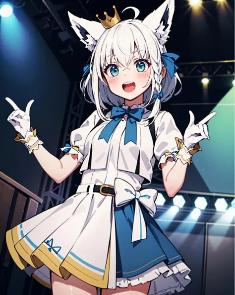 1 girl, cute, young, white hair, twintail, blue eyes, idol costume, thigh high, excessive cum, bukkake,